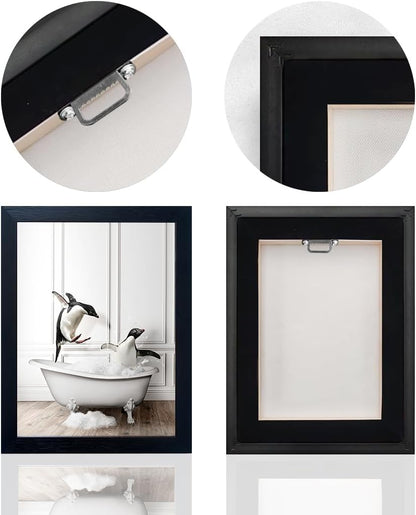 Skiennix Kids Bathroom Wall Art - Framed Black and White Penguin Print | Cute Farmhouse Decor