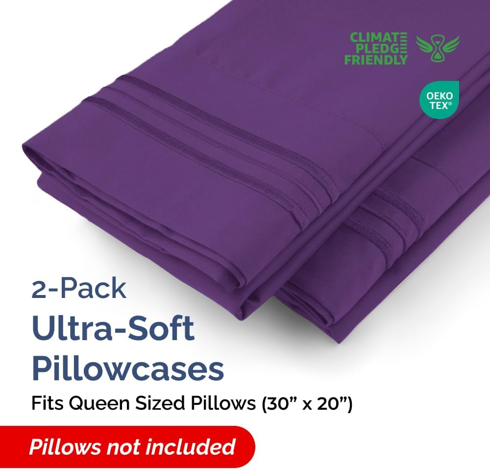 Skiennix Queen Pillow Cases Set of 2 - Ultra Soft Hotel Quality - Wrinkle Free & Stain Resistant - Purple