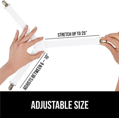 GORILLA GRIP Bed Sheet Holders - Adjustable Elastic Fasteners with Metal Clips | 4 Pack White