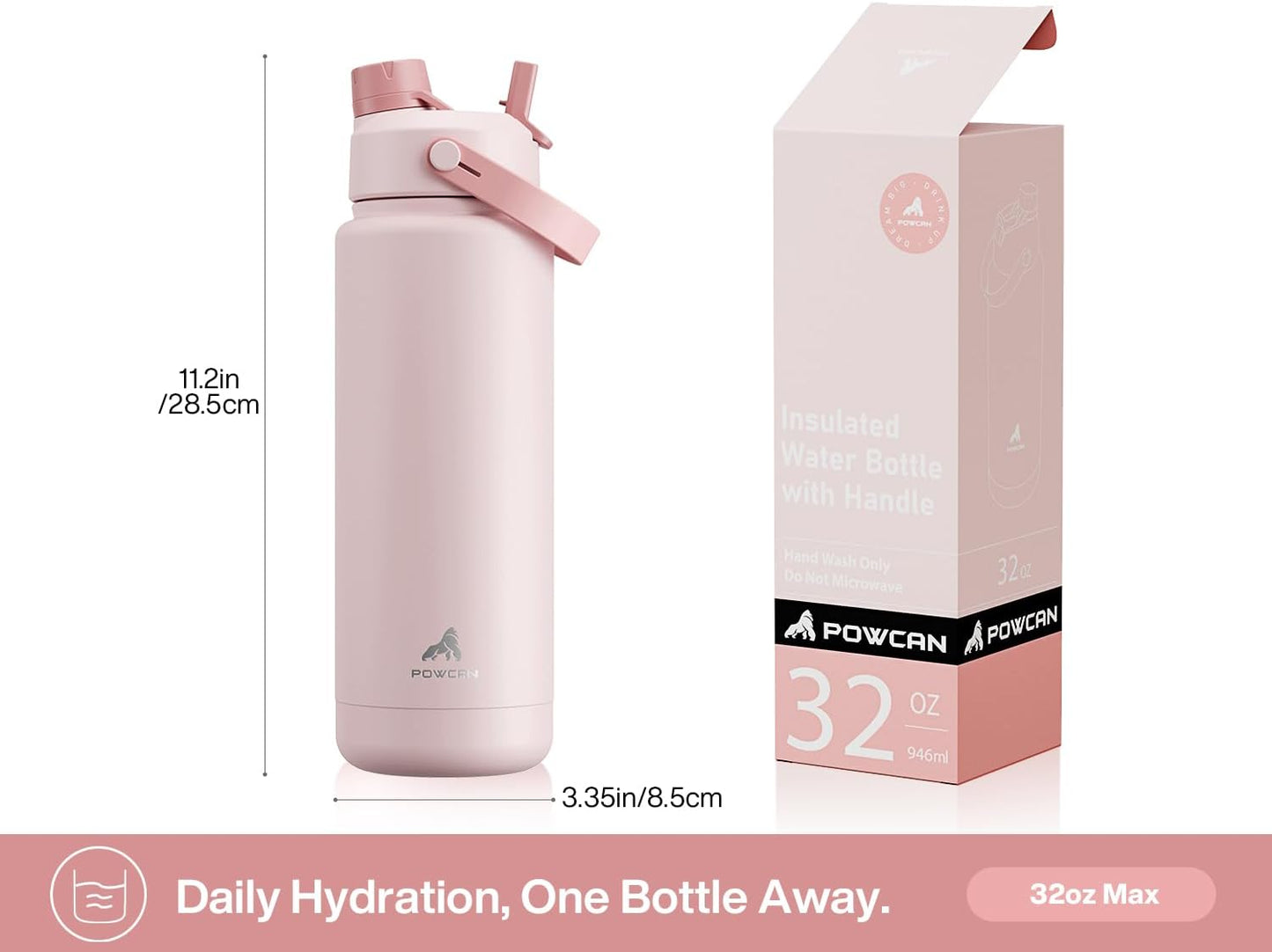 POWCAN 32 oz Insulated Water Bottle - 2-in-1 Straw & Spout Lid, Leak-Proof, BPA-Free, Bow Crush Design