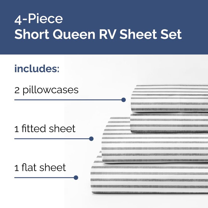 Short Queen Size 4 Piece Sheet Set - RV Short Queen, Soft, Breathable & Cooling Bed Sheets Set w/ Deep Pockets - Hotel Luxury Bedding for Women, Men, Kids, Teens, Boys & Girls, Oeko-Tex - Grey Stripes