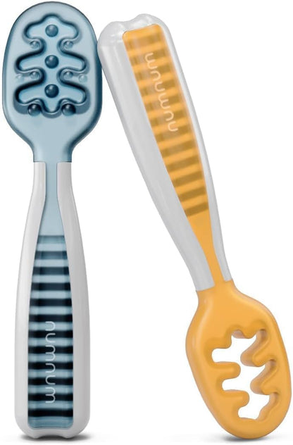 NumNum Baby Spoons Set - Silicone Self-Feeding Utensils for Baby Led Weaning | BPA-Free, 2 Pack Blue/Orange