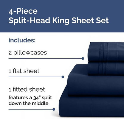 Flex Top Split Head King Sheet Set - Comfy Cooling Bed Sheets for Luxurious Sleep | Deep Pocket Navy Blue