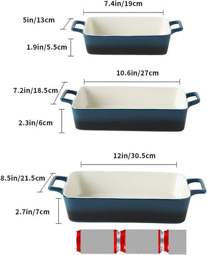 KOOV Bakeware Set - Ceramic Baking Dish with Gradient Blue Finish | 3-Piece Rectangular Casserole Set, 12 x 8.5 Inches