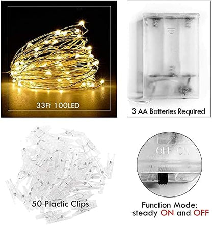 Photo Clip String Light - 33Ft 100LED Fairy Lights with Timer & 50 Clear Clips for Bedroom Decor