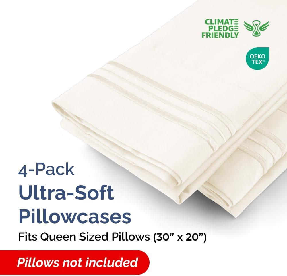 Queen Pillow Cases Set of 4 | Ultra Soft Hotel Quality Covers - Wrinkle-Free & Stain Resistant - Off White