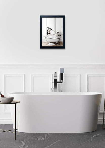 Skiennix Kids Bathroom Wall Art - Framed Black and White Penguin Print | Cute Farmhouse Decor