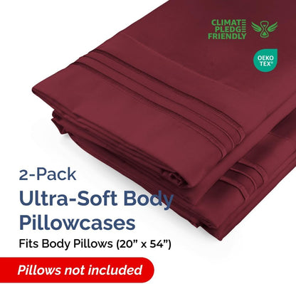 Skiennix Body Pillowcases Set of 2 | 20x54 Long Soft Covers for Side Sleepers - Comfy, Wrinkle-Free, Machine Washable - Burgundy