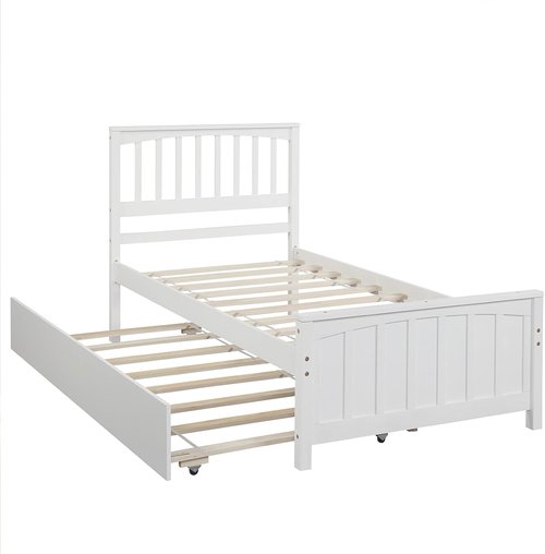 LostCat Twin Size Bed Frame - Solid Pinewood with Trundle & Headboard | No Box Spring Needed, White