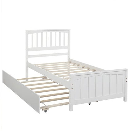 LostCat Twin Size Bed Frame - Solid Pinewood with Trundle & Headboard | No Box Spring Needed, White
