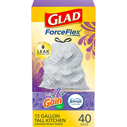 Glad ForceFlex Tall Kitchen Trash Bags, 13 Gallon, Gain Lavender, 40 Count (Package May Vary)