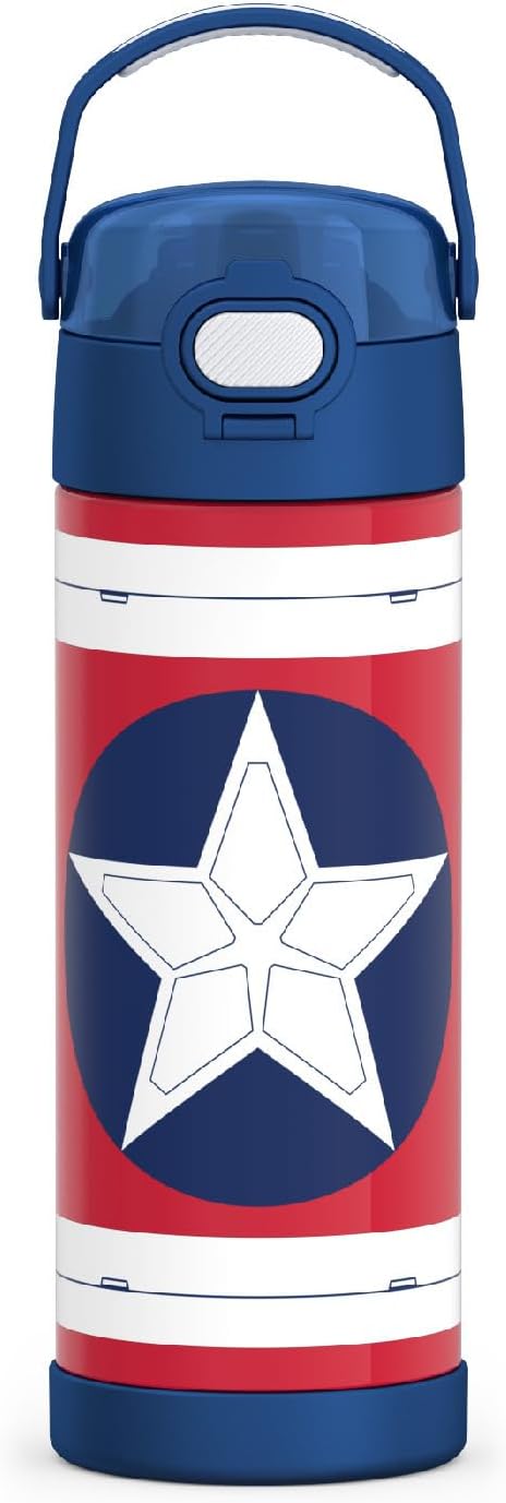 THERMOS FUNTAINER 16 Ounce Stainless Steel Insulated Bottle - Wide Spout Lid, Captain America Design