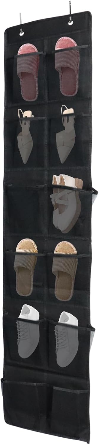 Over The Door Shoe Organizer - 12 Mesh Pockets for Easy Storage | Includes 4 Metal Hooks (Black)