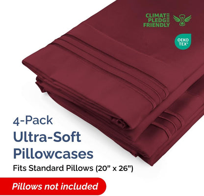Skiennix Standard Pillow Cases Set of 4 | Ultra Soft Hotel Quality Covers - Machine Washable Burgundy
