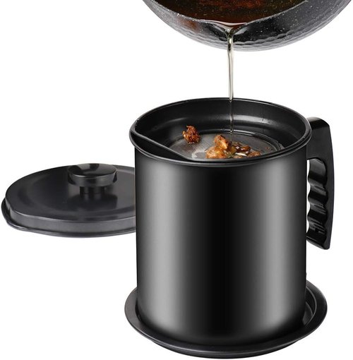 Cambom Bacon Grease Container - 1.3L Iron Cooking Oil Can with Fine Mesh Strainer & Coaster Tray | Black