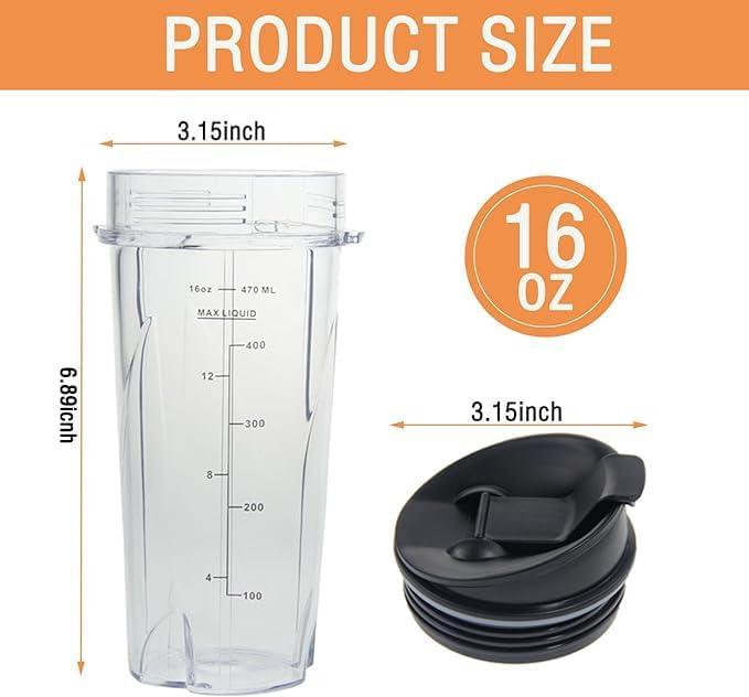 Ninja 16oz Replacement Cups - Compact Personal Blender Single Serve Cup Set | 2 Pack with Seal Lids