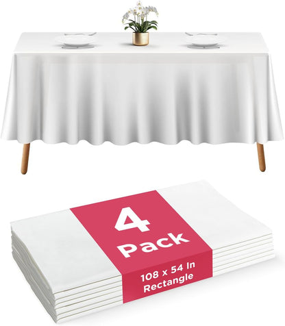 Prestee Disposable Table Cloths - Heavy-Duty Waterproof Rectangle Covers | 4 Pack, 108" x 54", White for Events
