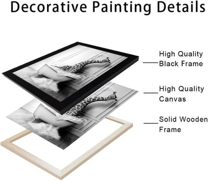 Funny Giraffe in Bathtub Canvas Wall Art - Black and White Bathroom Decor | Framed Farmhouse Style