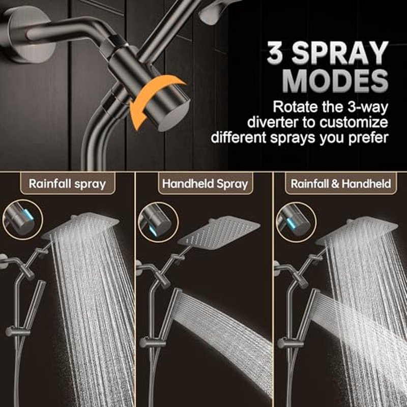 Veken All Metal 10" Brushed Gold Shower Head with Handheld, Luxurious Square Double Rain Shower Heads with Spray Combo, Dual High Pressure Detachable Rainfall Showerhead with Extension Arm, Long Hose