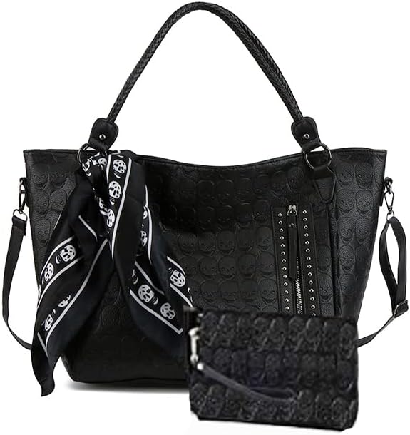 Zuoge Women’s Skull Tote Bag - Revit Studded PU Leather Handbag & Wallet Set with Scarf (3 Pcs)