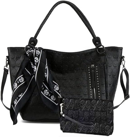 Zuoge Women’s Skull Tote Bag - Studded PU Leather Handbag with Purse & Scarf Set (3 Pieces)