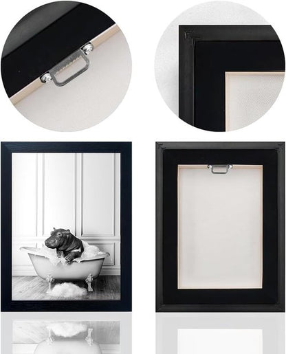 Funny Hippo in Bathtub Wall Art - Black and White Bathroom Decor | Framed Canvas Print