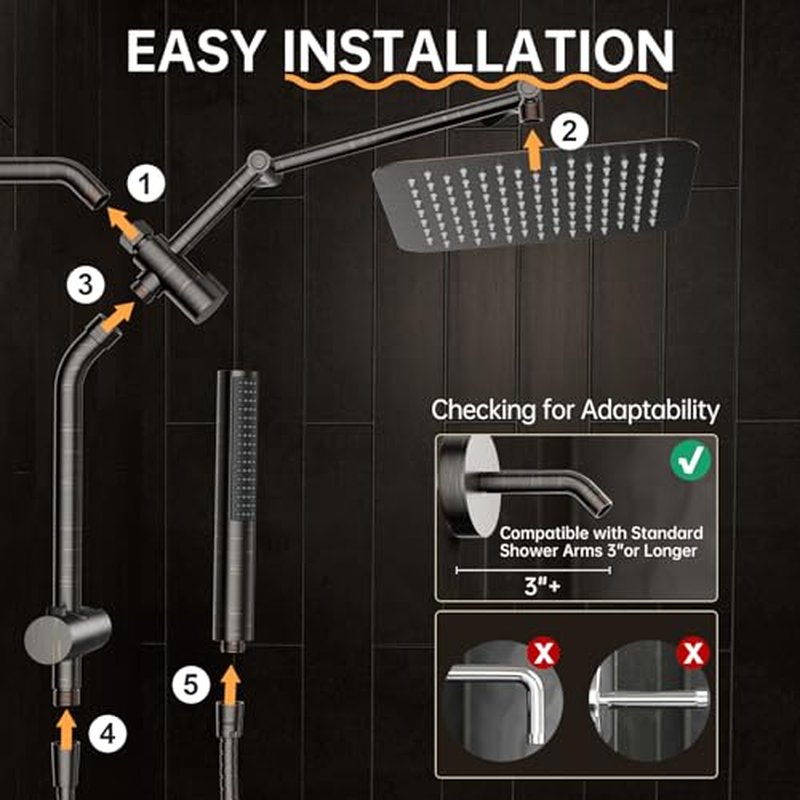 Veken All Metal 10" Brushed Gold Shower Head with Handheld, Luxurious Square Double Rain Shower Heads with Spray Combo, Dual High Pressure Detachable Rainfall Showerhead with Extension Arm, Long Hose