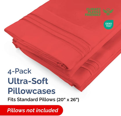 Skiennix Standard Pillow Cases Set of 4 | Ultra Soft Hotel Quality Covers - Machine Washable Red