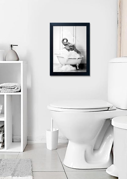 Regine Switzerland Elephant in Bathtub Wall Art - Funny Black and White Canvas Print for Bathroom Decor