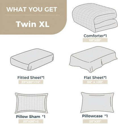 HYMOKEGE Twin XL Comforter Set - 5-Piece Seersucker Luxury Bedding Set for All Seasons | White