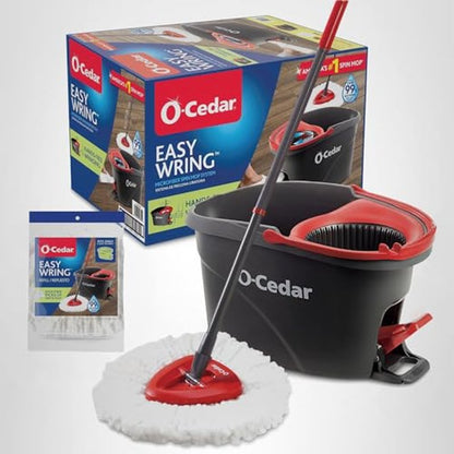 O-Cedar Easywring Microfiber Spin Mop & Bucket Floor Cleaning System with 1 Extra Refill,Red / Gray