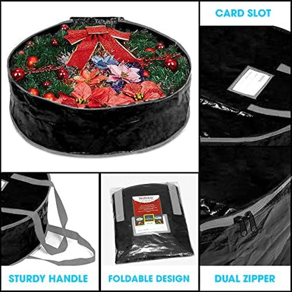 Propik Wreath Storage Bag - Tear Resistant Holiday Garland Container with Heavy-Duty Handles | 24” x 24” x 8” (Black)