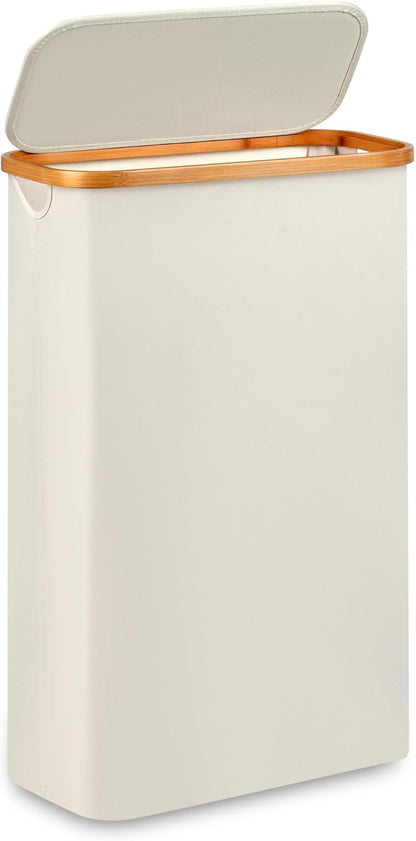 Regine Switzerland Slim Laundry Hamper - 60L Narrow Design with Lid & Bamboo Handle | Beige