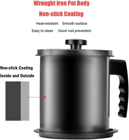 Cambom Bacon Grease Container - 1.3L Iron Cooking Oil Can with Fine Mesh Strainer & Coaster Tray | Black
