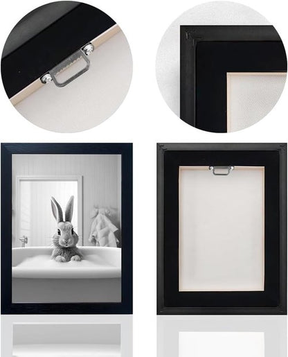 Funny Kids Bathroom Wall Decor - Black Framed Rabbit in Bathtub Canvas Art for Cute Farmhouse Style