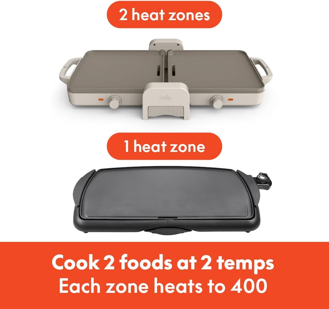 Bella Ceramic Fold-N-Store Dual Temp Griddle - Nonstick Coating, 2 Temp Zones, 10"x20", Oatmilk Color