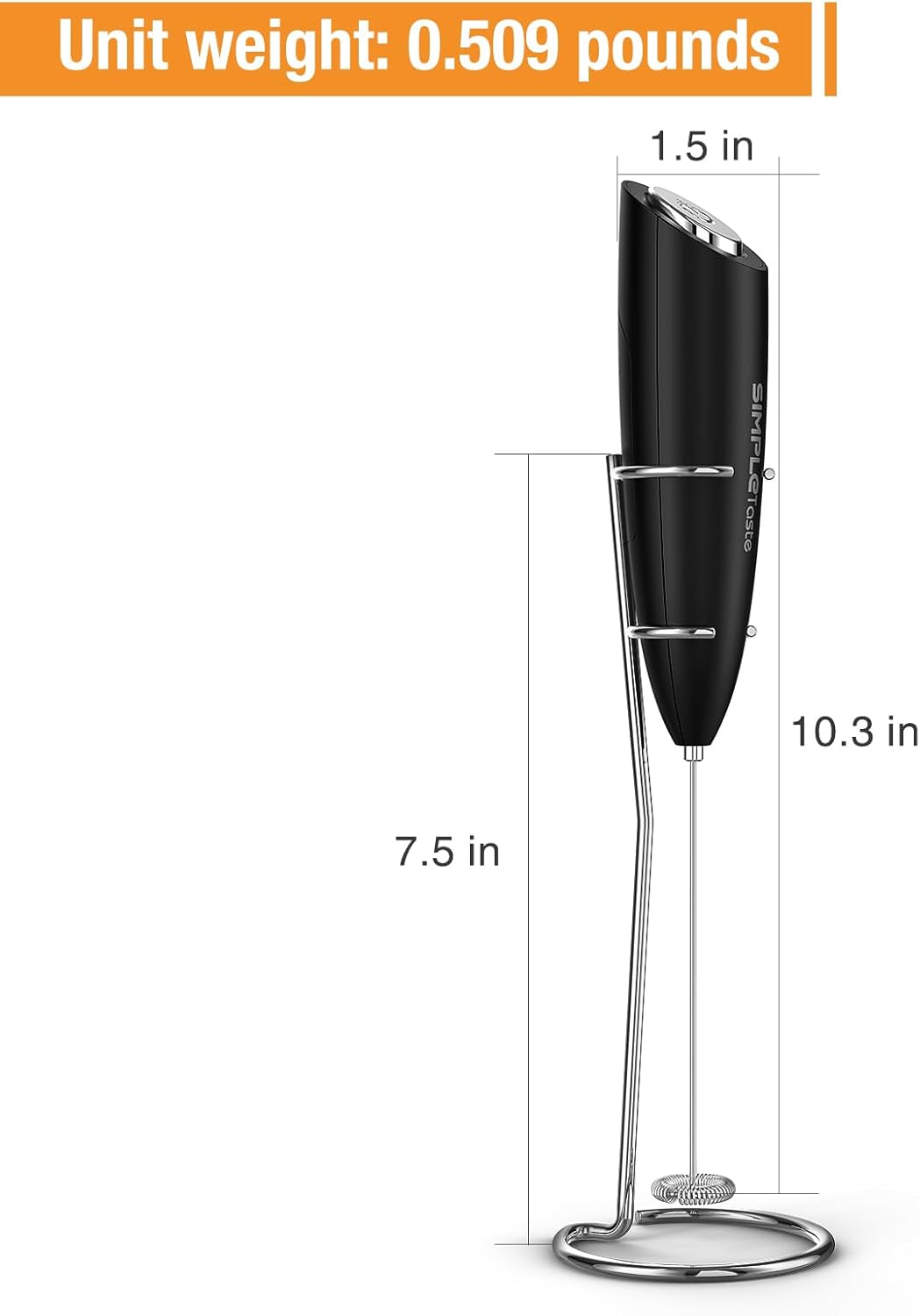 SIMPLETASTE Handheld Electric Milk Frother - Stainless Steel Whisk for Cappuccino & Latte | Black with Stand