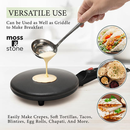 Moss & Stone Electric Crepe Maker - 8” Nonstick Portable Pan with Dipping Plate & Auto Shut-Off