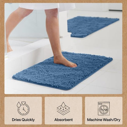 GORILLA GRIP Bath Rug Mat 48x17, Thick Soft Absorbent Chenille, Quick Dry Microfiber Mats, Rubber Backing Washable Shower Floor Rugs, Bathmat Runner, US Designed Bathroom Home Decor Accessories Blue