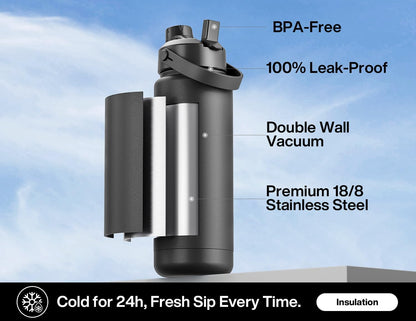 POWCAN 32 oz Insulated Water Bottle - 2-in-1 Straw & Spout Lid, Keeps Drinks Cold 24H, BPA-Free (Dark Knight)