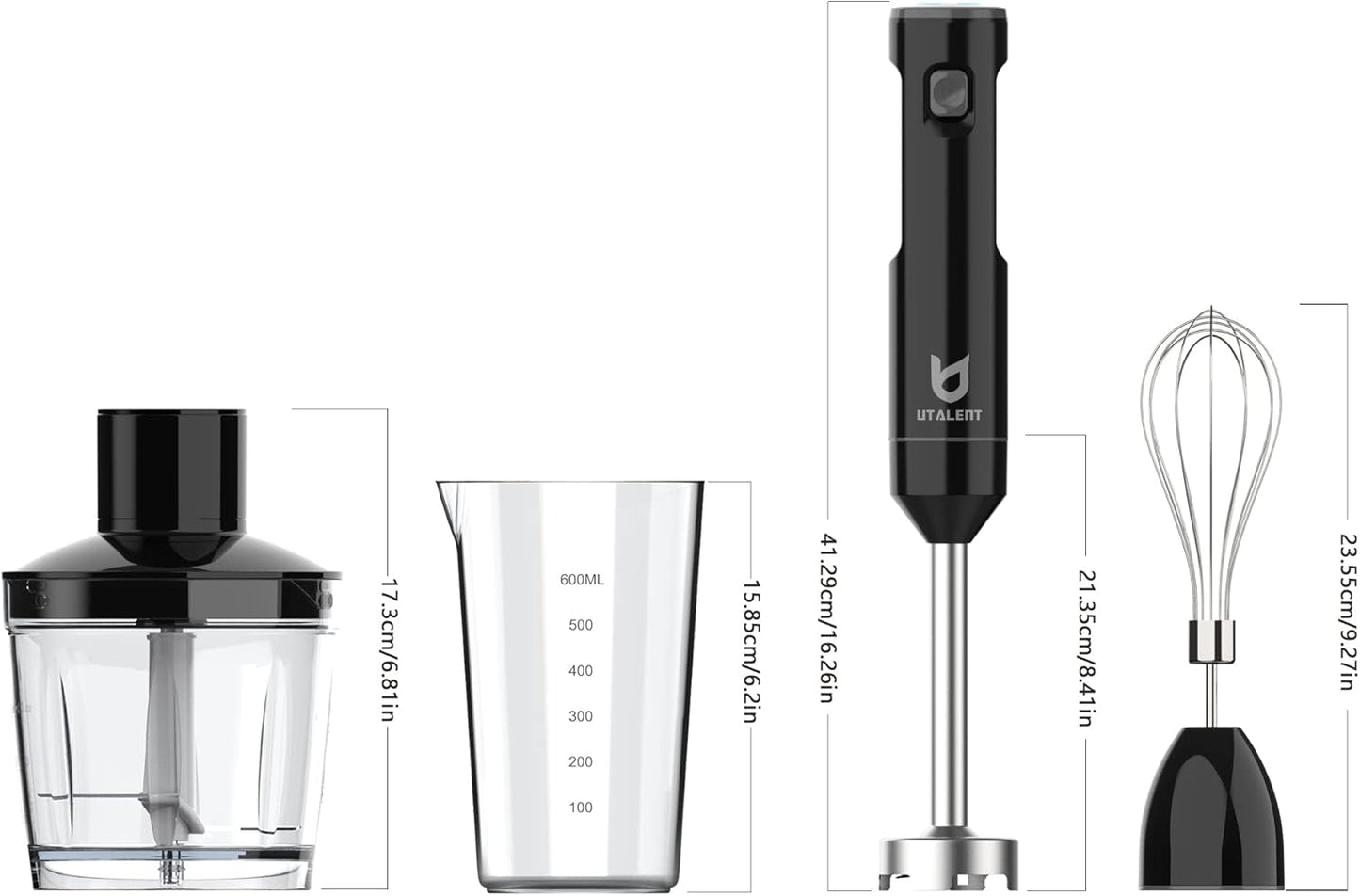 UTALENT Cordless Hand Blender - Variable Speed Immersion Blender with Chopper & Whisk | Black, 500ml & 600ml