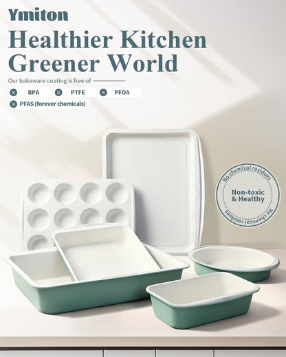 Skiennix Ceramic Nonstick Baking Pans Set - 30 PCS Stackable Bakeware, 550°F Oven Safe, Dishwasher Safe, Green