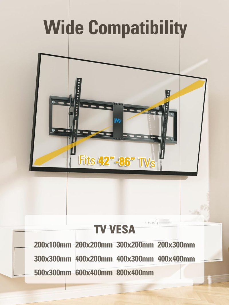 Mounting Dream TV Wall Mount for 42-86" TVs, Tilting TVs Mount with Level Adjustment Fits 16", 18", 24" Studs Easy for Centering, Wall Mount TV Bracket Max VESA 800x400mm, 120 LBS Loading, MD2263-XLK