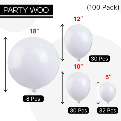 PartyWoo White Balloons - 100pcs Matte Latex Balloon Arch Kit for Weddings & Events | 5-18 Inch Sizes