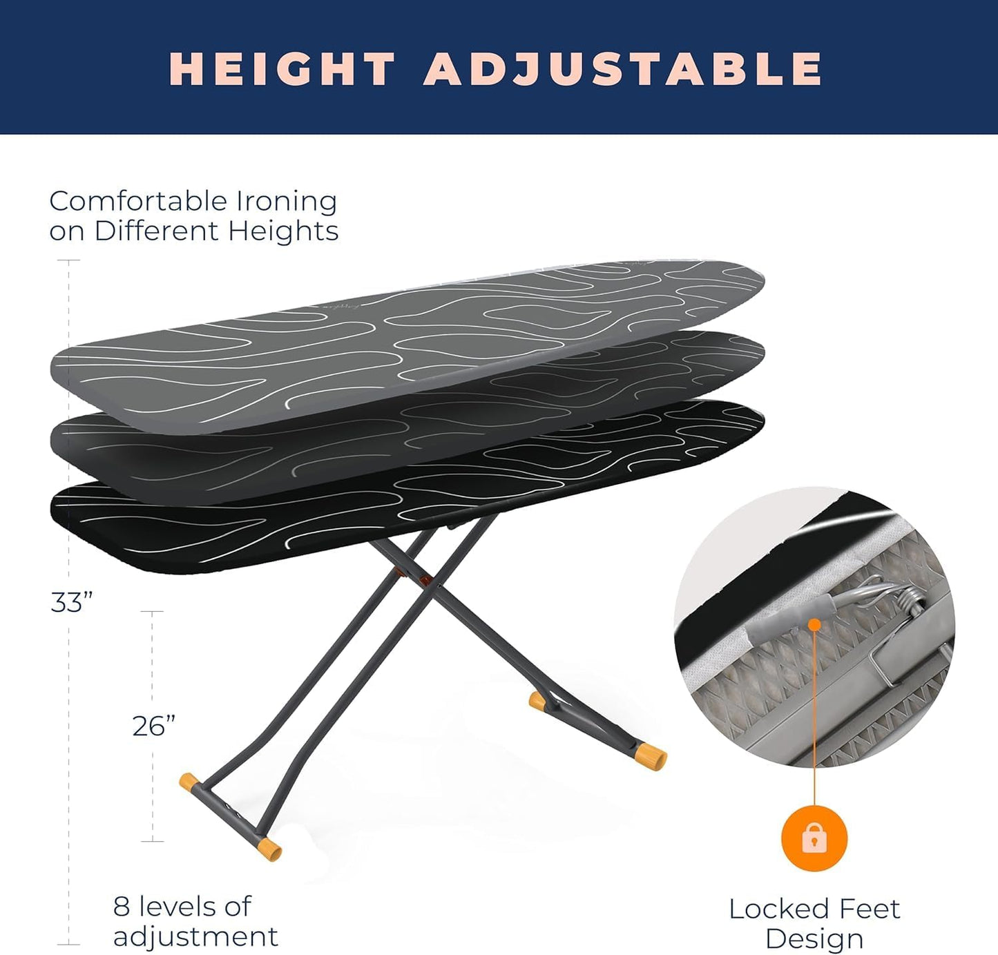 Skiennix Compact Ironing Board - Height Adjustable with Extra Thick Cover & Smart Hanger | Black (13x43)