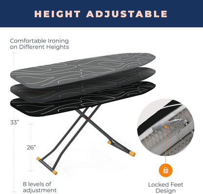 Skiennix Compact Ironing Board - Height Adjustable with Extra Thick Cover & Smart Hanger | Black (13x43)