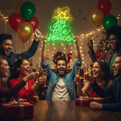 Neon Sign by Christmas Tree - USB Powered LED Light for Wall Decor | Peace, Love, Joy Design