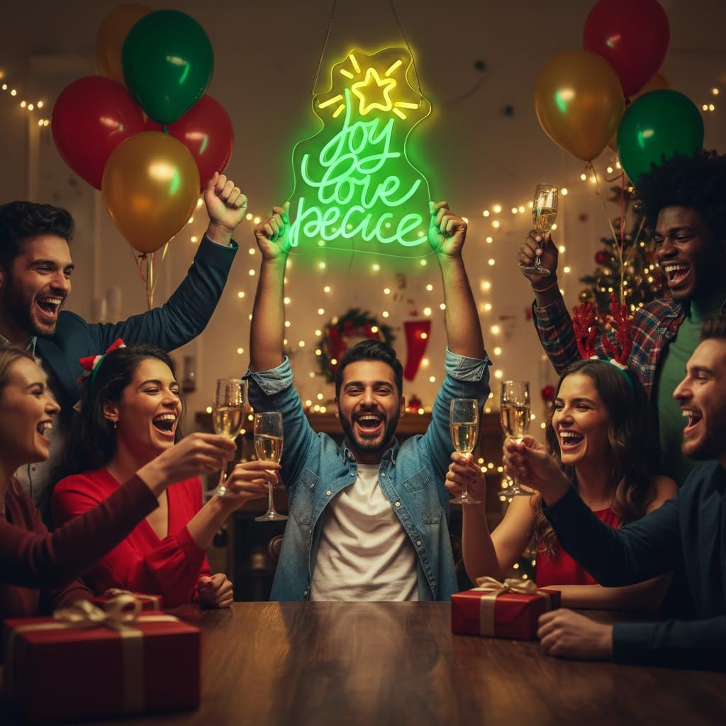 Neon Sign by Christmas Tree - USB Powered LED Wall Decor | Peace, Love, Joy Design for Holiday Parties