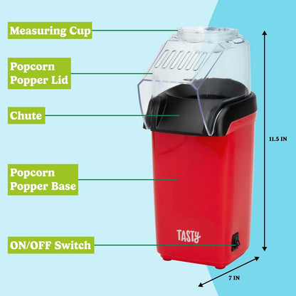 Tasty Hot Air Popcorn Popper - Healthy, Quick Popcorn Maker with Measuring Cup & Butter Warmer | 8 Cups, Red