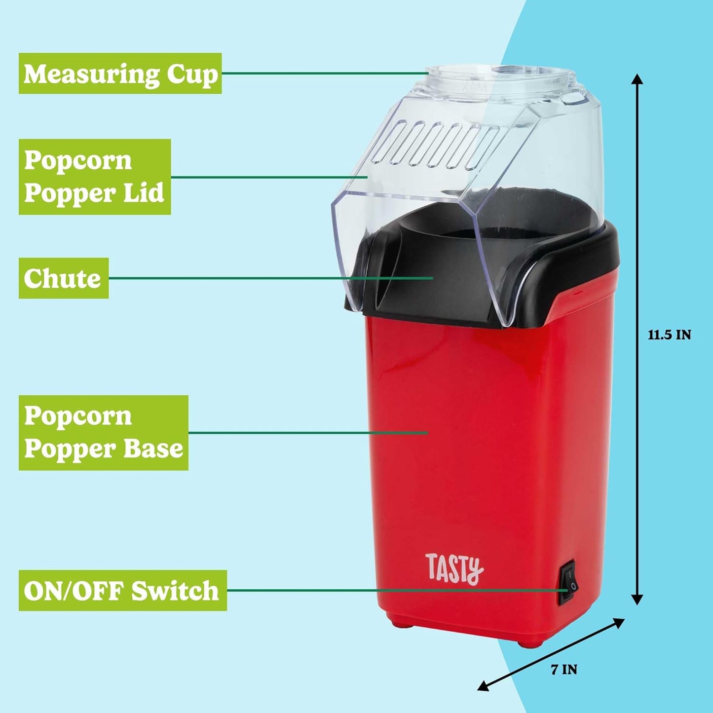 Tasty Hot Air Popcorn Popper - Healthy, Delicious Popcorn in Minutes | Built-In Measuring Cup & Butter Warmer, 8 Cups, Red